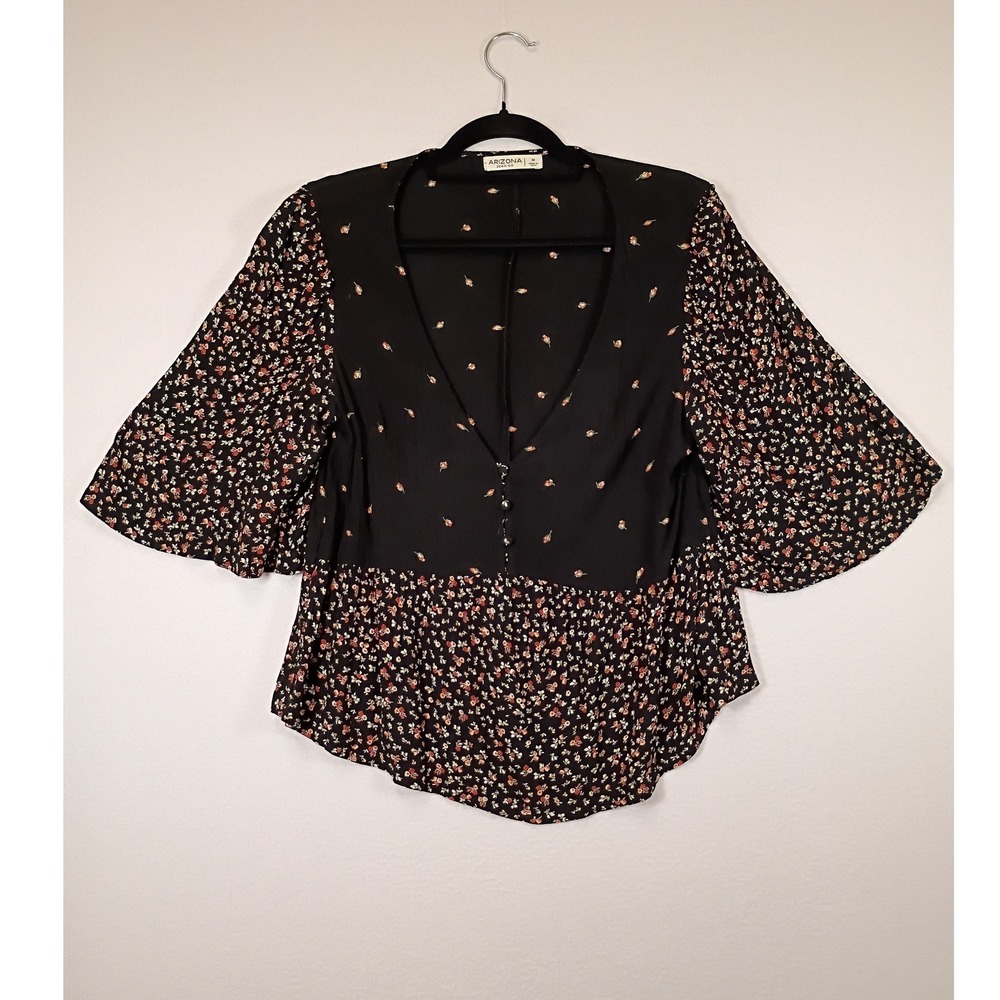 Boho Cottagecore Arizona Jean Co Womens Medium Black Floral Mixed Print Bell Top